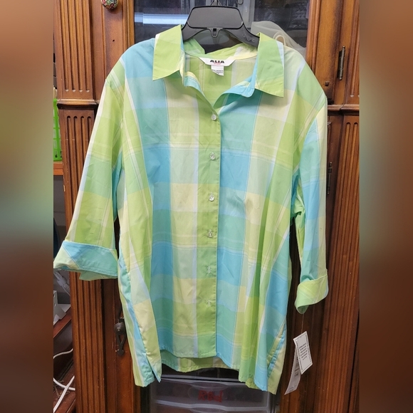 ALIA Sport Green Yellow Blue Checkered Button Up 3/4 Sleeve Shirt 18W - Picture 1 of 8